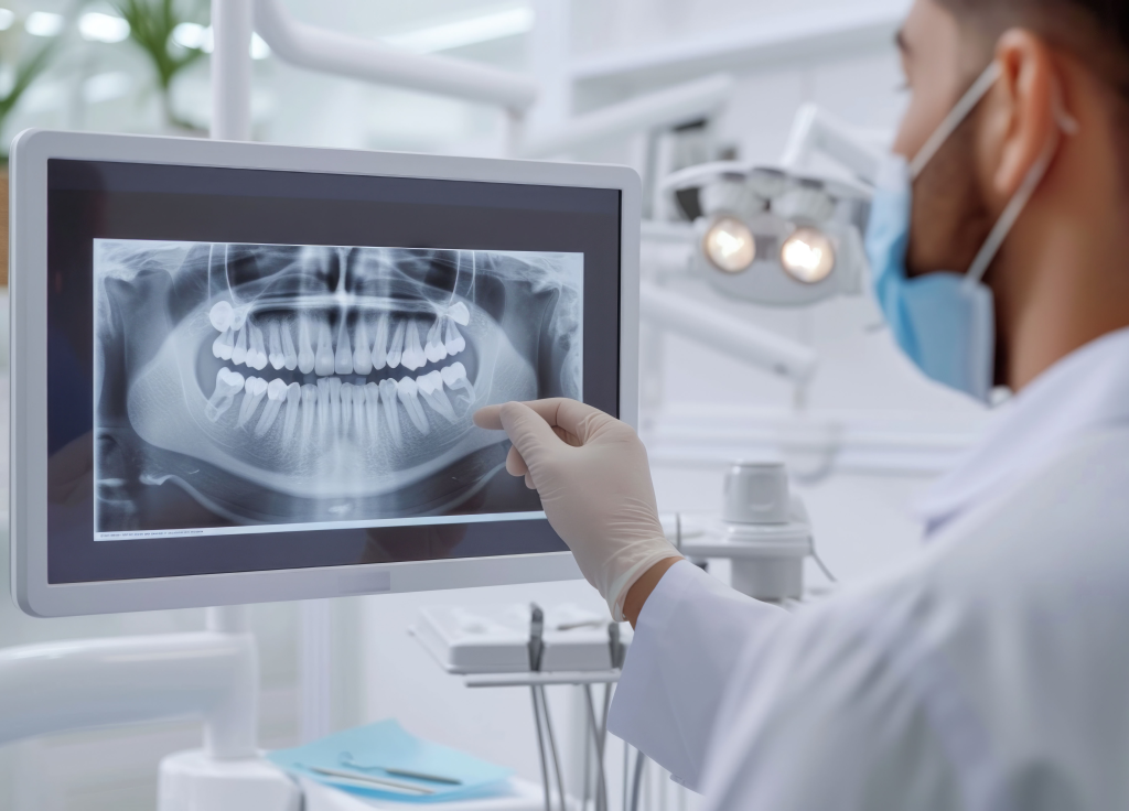 Dentista analisando uma radiografia digital de um paciente em uma tela de alta resolução, no consultório odontológico.